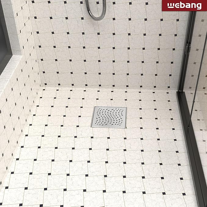 WEBANG 6 Inch Square Shower Drain Brushed Floor Drain with Flange Wave-Hole Pattern Cover Grate Removable SUS304 Stainless Steel Watermark&CUPC Certified Brushed