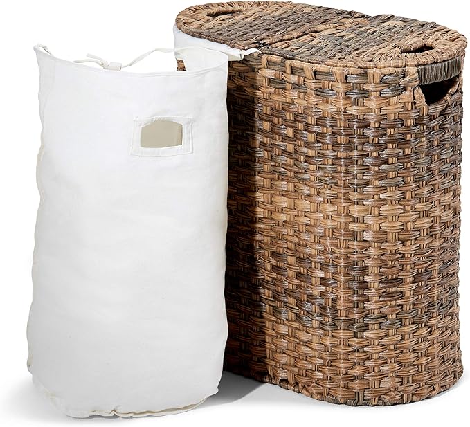 Seville Classics Premium Handwoven Portable Laundry Bin Basket with Carrying Handles, Household Storage for Clothes, Linens, Sheets, Mocha Brown, Oval Hamper