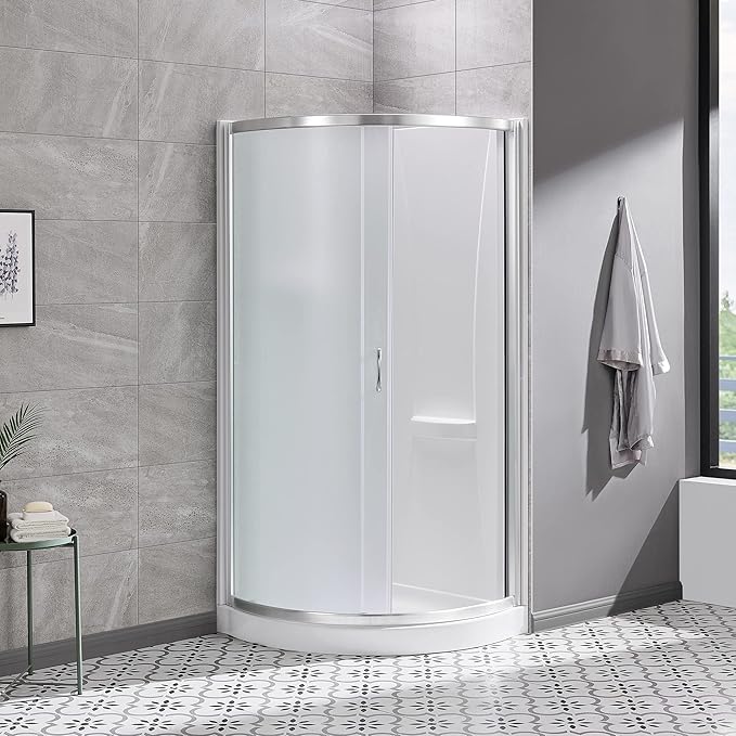 OVE Decors Breeze 32 in. Corner Shower Frosted Sliding Door with Included Base in Satin Nickel Finish