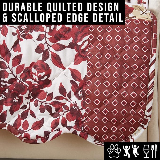 Great Bay Home Reversible Patchwork Recliner Chair Cover - Washable Slipcover Furniture Protector with Elastic Straps - Couch Cover for Dogs, Kids, and Pets - Box-Stitched Detail (Recliner, Burgundy)