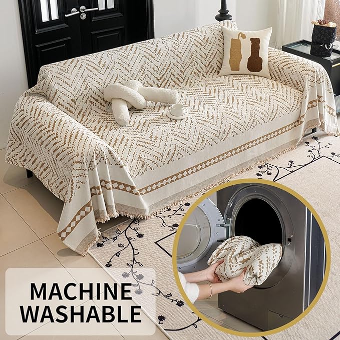 HAOMAIJIA Non Slip Couch Cover Sofa Covers for 3 Cushion Couch Washable sectional Couch Covers for Dogs pet Furniture Protector Couch Cover Blanket for Living Room (MR-Khaki, 91"x134")