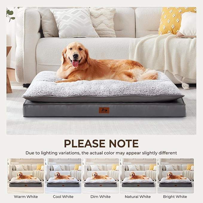 Washable Dog Bed for Medium Large Size Dog, Plush Pillow Pet Bed with Leather Egg-Crate Foam Base, Waterproof Kennel Bed with Removable Cover, 55" x 42" Comfort Cushion Bed, Dark Grey