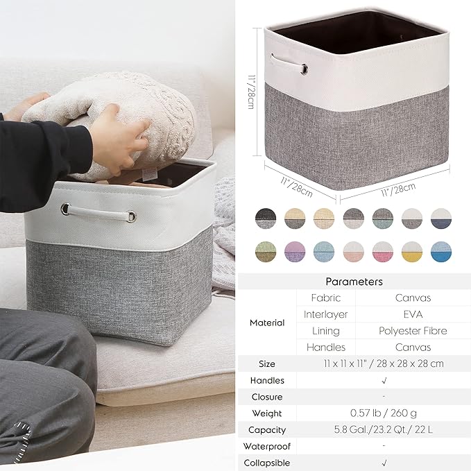 Sea Team 3-Pack Cubic Storage Basket Set, Storage Cube Organizer, Clothes Toys Bin, 11 x 11 x 11 Inches, Big Square Canvas Fabric Collapsible Shelf Box with Handles for Kids Room (Grey/Stone Blue)