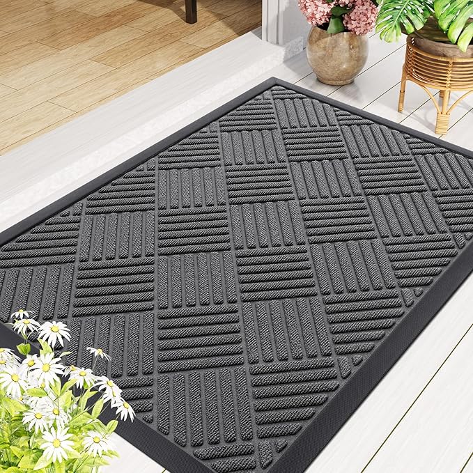 Smiry Front Door Mat Outside Entrance, Heavy Duty Outdoor Indoor Natural Rubber Doormat, Non Slip, Trap Dirt and Moisture, Easy Clean, Low Profile Patio Porch Entryway Mat, 59x20, Grey