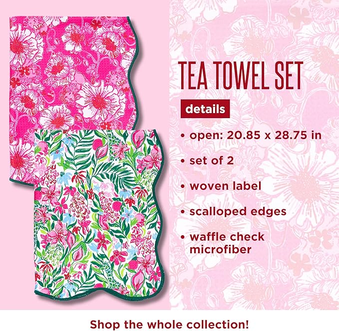 Lilly Pulitzer Microfiber Tea Towel Set of 2, Decorative Cloth with Hanging Loop and Scalloped Edge (Feeling Poppy/Glowing Gardens)