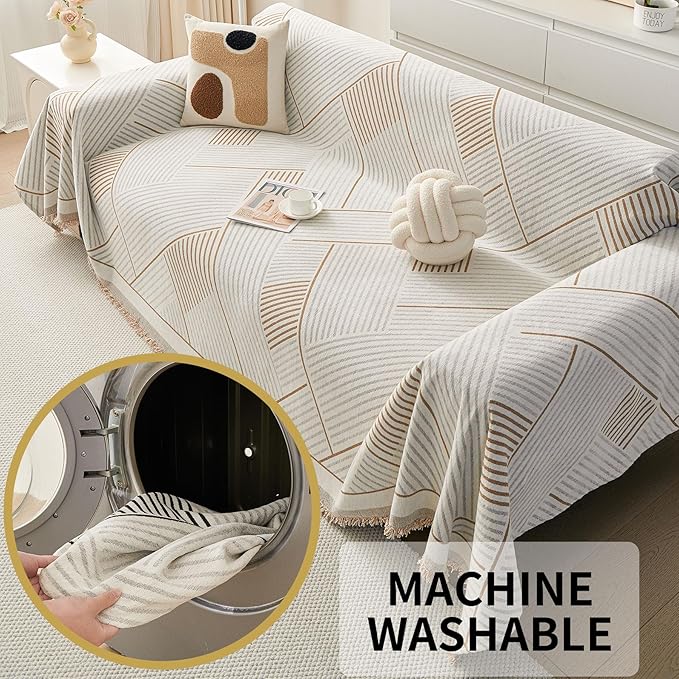 HAOMAIJIA Non Slip Couch Cover Sofa Covers for 3 Cushion Couch Washable sectional Couch Covers for Dogs pet Furniture Protector Couch Cover Blanket for Living Room (CQ-Khaki/Grey, 71"x134")
