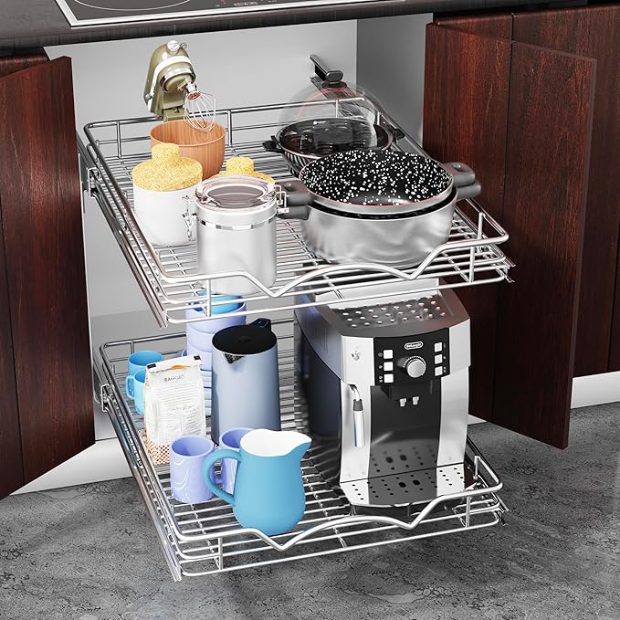 HOLDN’ STORAGE Two Tier Pull Out Cabinet Organizer, Individual Sliding Drawers - Heavy Duty Metal with Lifetime Limited Warranty - Anti Rust Chrome Finish - 8" W x 21”D x 16.5" H