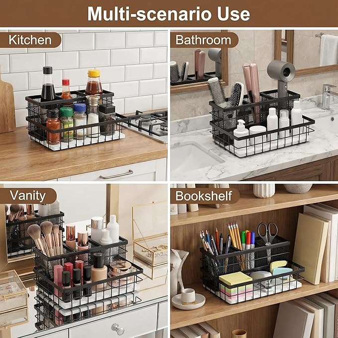 2 Pcs 1pcs Hair Tool Organizer Countertop Breathable Metal Bamboo Hot Tools Vanity Organizer Under Sink Bathroom Hair Dryer Holder Countertop Brush Comb Holder Tray (White Bamboo,Black)