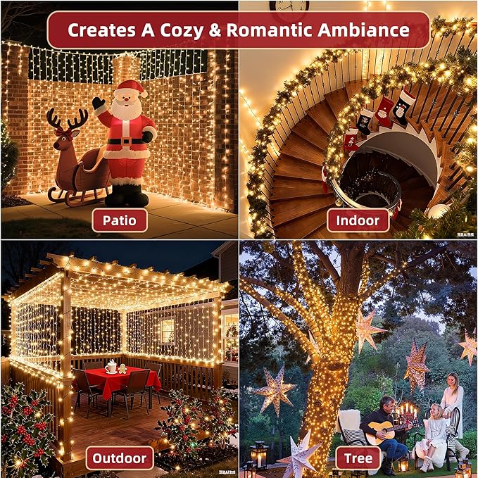 300 LED Outdoor Christmas Lights 75ft, 12 Lighting Modes Indoor String Lights Dimmable & Timer Memory, Outsite Waterproof Tree Lights for Xmas Garden Wedding Party Holiday Decorations Warm White