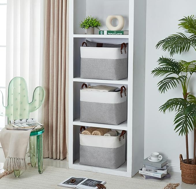 DECOMOMO Extra Large Storage Baskets, Fabric Storage Bins with Handles for Organizing Shelves, Toys, Nursery, Laundry (Grey & White, 3pcs)