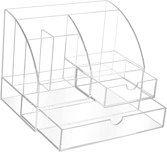 Acrylic desk organizer with drawer compartments for stationery and office supplies – clear desktop storage box for home office