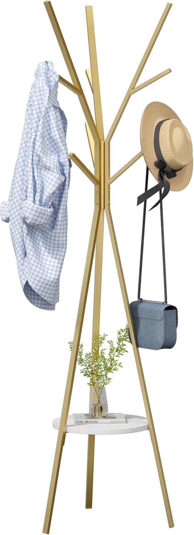 HOME BI gold metal coat rack with 9 hooks — freestanding entryway hat stand for coats, hats, and scarves