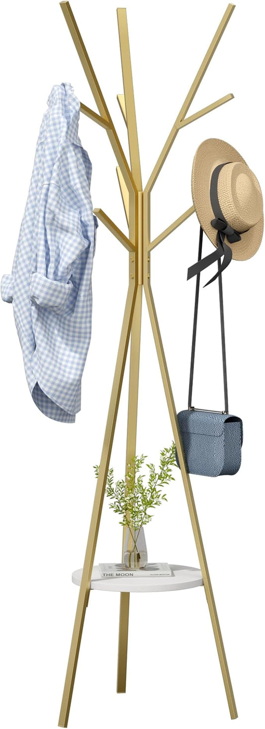 HOME BI gold metal coat rack with 9 hooks — freestanding entryway hat stand for coats, hats, and scarves
