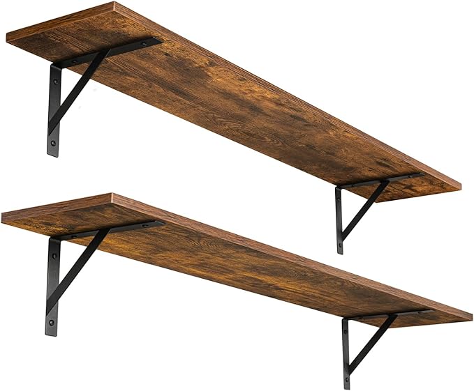 Wall shelves set of 2 39 inch rustic brown with metal brackets for living room bedroom kitchen storage