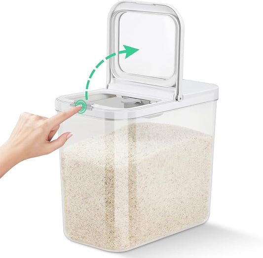 TBMax 25 lb rice flour storage container with automatic flip-up lid – white-label airtight pantry bin for kitchen organization