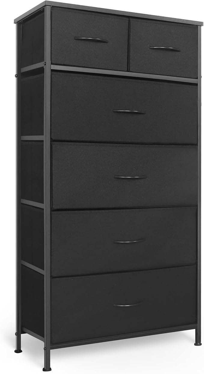 Mifuro Tall Dresser 6-Drawer Vertical Storage Organizer Tower - black fabric bins steel frame for bedroom closet organization
