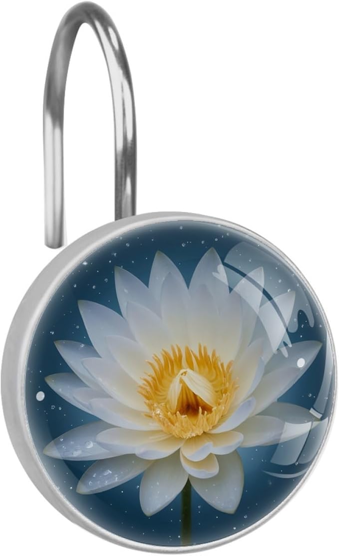 White lotus flower decorative shower curtain hooks 12pcs – rust resistant stainless steel rings for bathroom farmhouse
