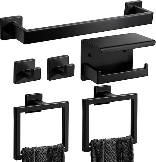 Matte black bathroom hardware set 6-piece stainless steel accessories towel bar toilet paper holder hooks wall mounted