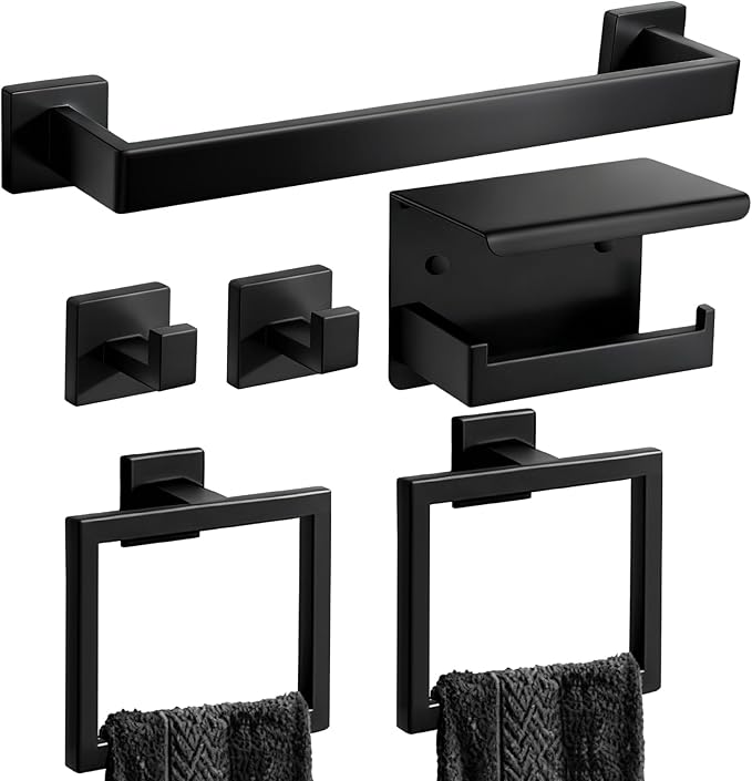 Matte black bathroom hardware set 6-piece stainless steel towel bar toilet paper holder towel rings hooks wall mounted bathroom accessories