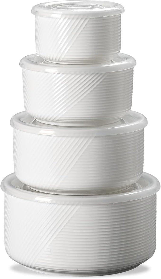 White ceramic nesting bowl set with lids – microwave safe food storage containers for meal prep and serving