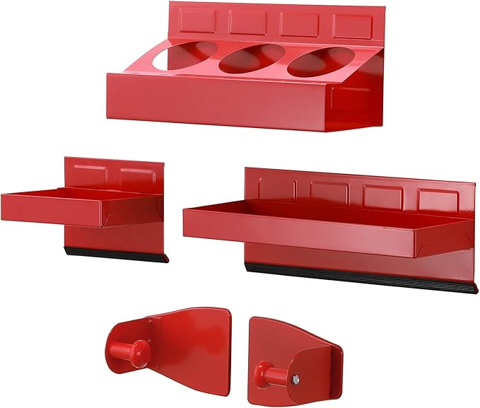 EMENTOL 4-Piece Magnetic Tool Shelf Set with tray and paper towel holder - red magnetic organizer for desk and workspace reset