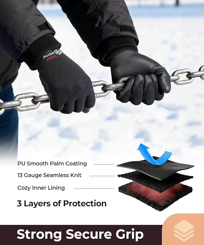 KAYGO thermal insulated winter work gloves PU coated super grip safety gloves for men and women black