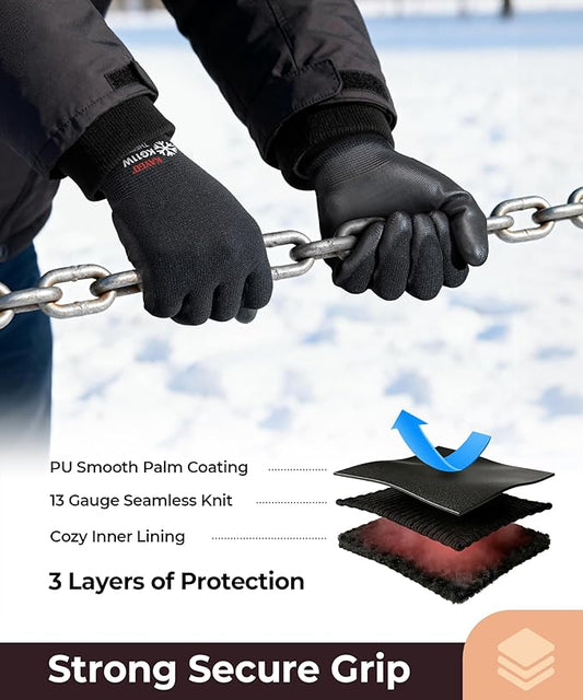 KAYGO thermal insulated winter work gloves PU coated super grip safety gloves for men and women black
