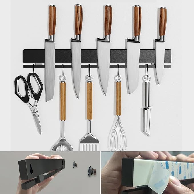 YIIYIIN 17 Inch Magnetic Knife Holder for Wall - no-drill adhesive strip with hooks for small space kitchen organization