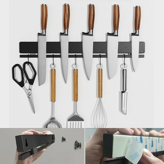 YIIYIIN 17 Inch Magnetic Knife Holder for Wall - no-drill adhesive strip with hooks for small space kitchen organization