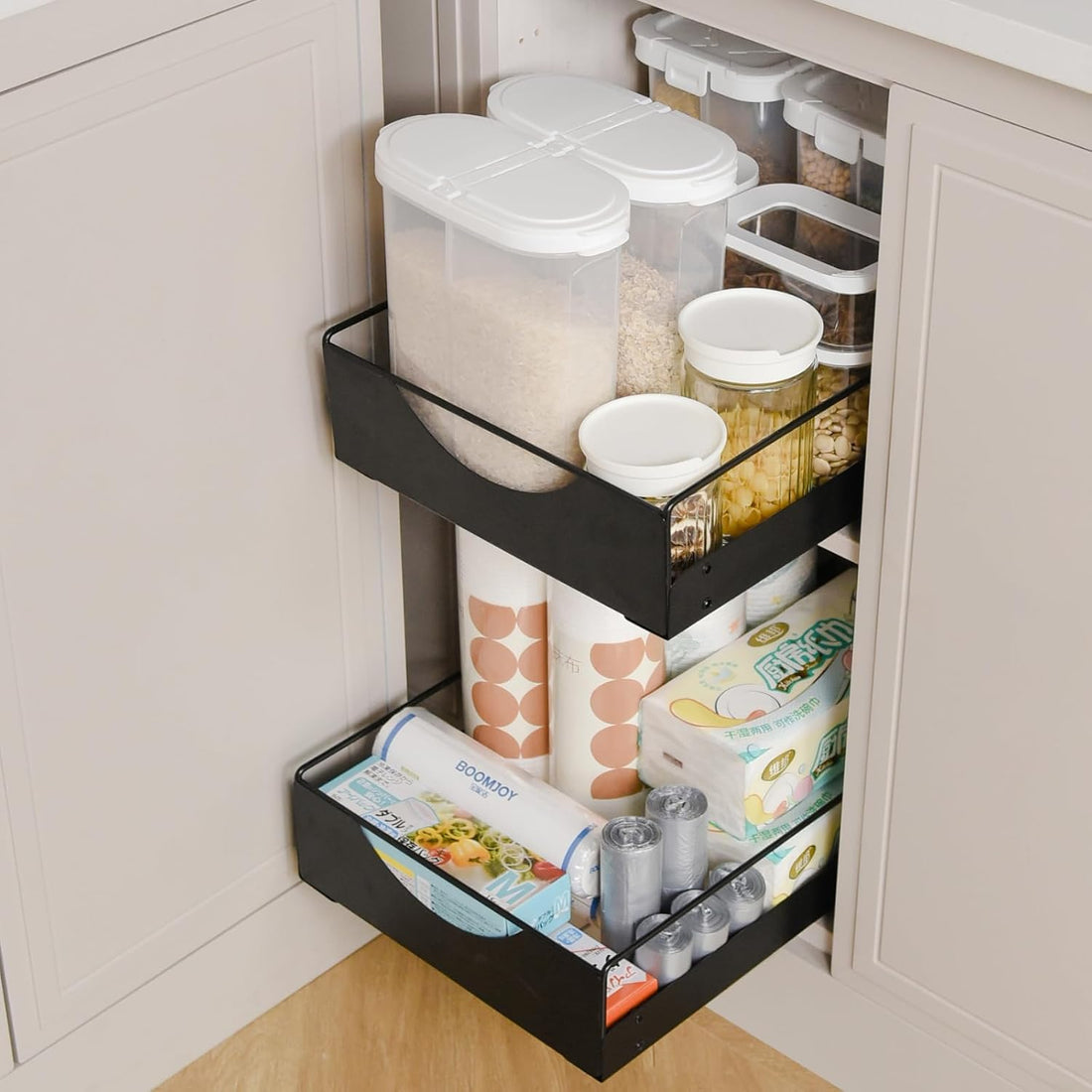 Pull-out under sink organizer with single-tier metal drawer for kitchen and bathroom cabinet storage