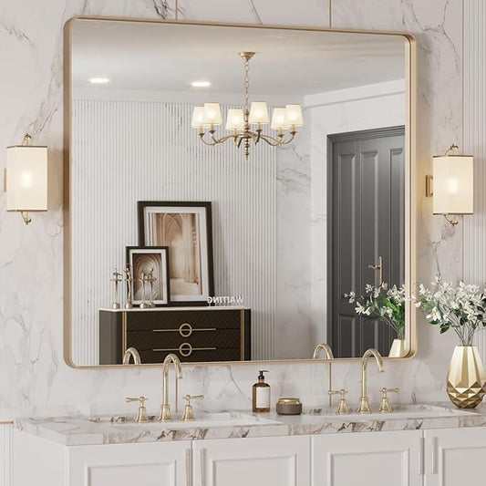 LOAAO 40x36 inch brushed gold rounded rectangle bathroom vanity mirror – white-label wall-mounted anti-rust tempered glass mirror