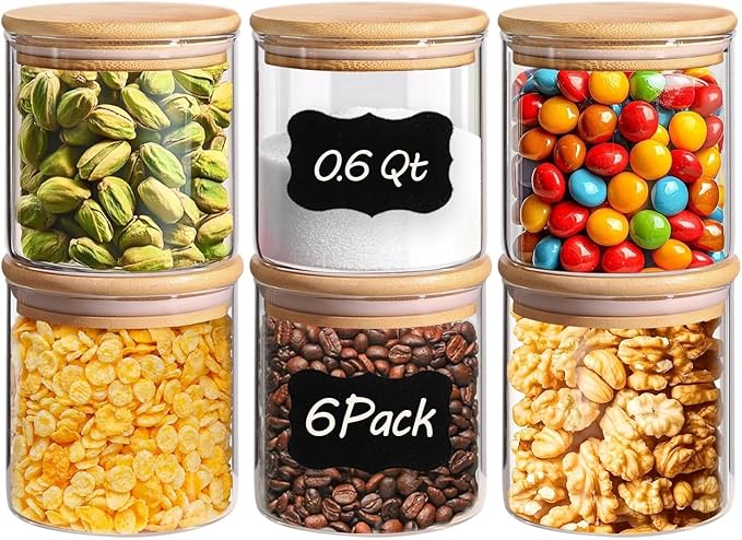 ComSaf airtight glass food storage jars set of 6 with sealing wooden lids for spice sugar tea coffee and pasta kitchen organization