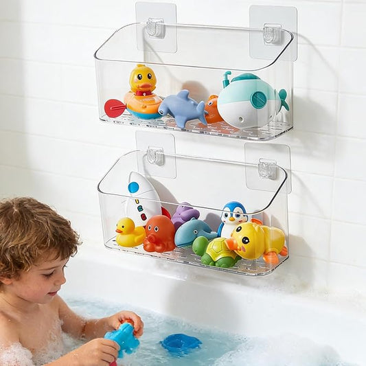Clear white bath toy storage organizer 2-pack wall mounted no-drill shower caddy basket for kids bathtub toys