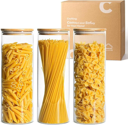 Glass Pasta & Dry Food Storage Jars with Wood Lids — Set of 3