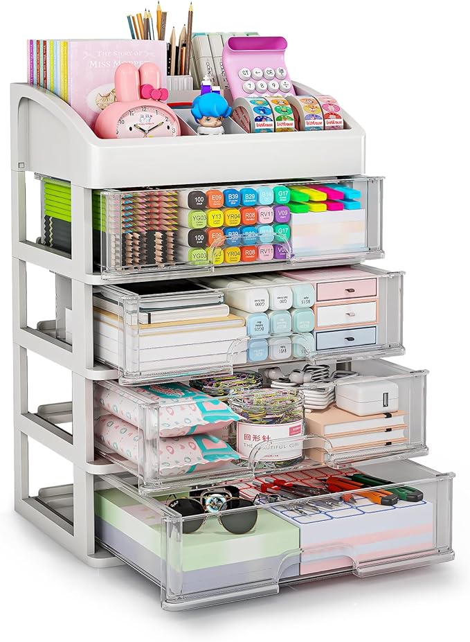 Desk organizer with 4 drawer storage desktop drawers office school supplies plastic stationary