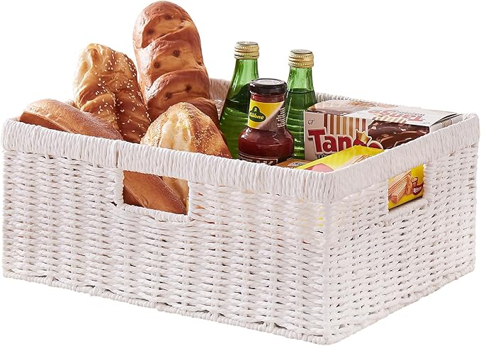 Rectangular white wicker storage basket for pantry shelves and home organization