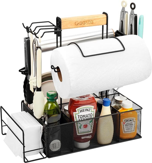 Geesta grill caddy with paper towel holder and magnetic tool holder for outdoor BBQ picnic camping organization