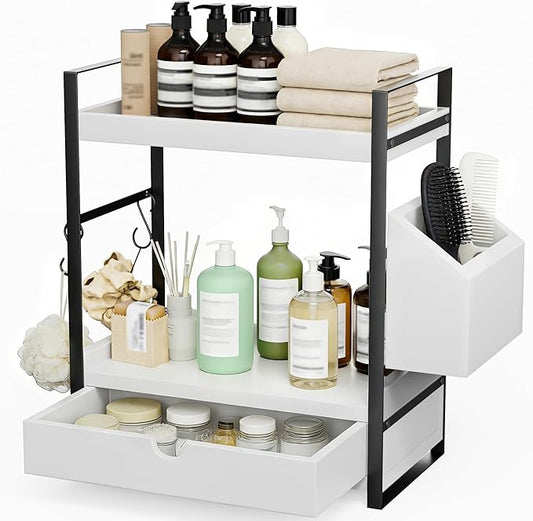 Kottwca 2-tier wood bathroom counter organizer with drawer vanity skincare shelf white