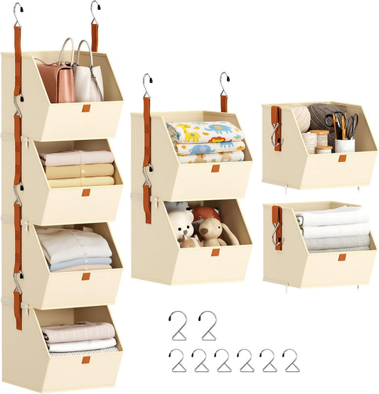 Hanging closet organizer 4-tier fabric storage bins space-saving collapsible baskets beige