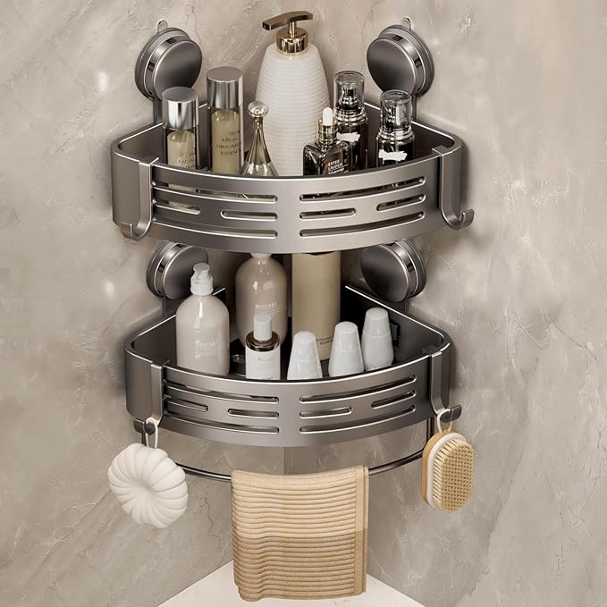 Corner shower caddy with suction cup and towel bar hooks in matte gray – no-drill bathroom shower organizer storage rack