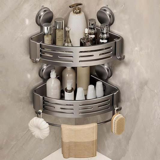 Corner shower caddy with suction cup and towel bar hooks in matte gray – no-drill bathroom shower organizer storage rack
