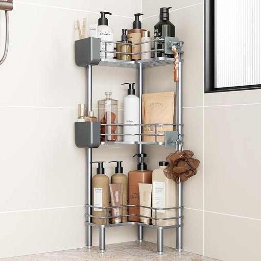 Orimade 3-tier floor standing corner shower caddy organizer with toothbrush holder bathroom storage rack silver