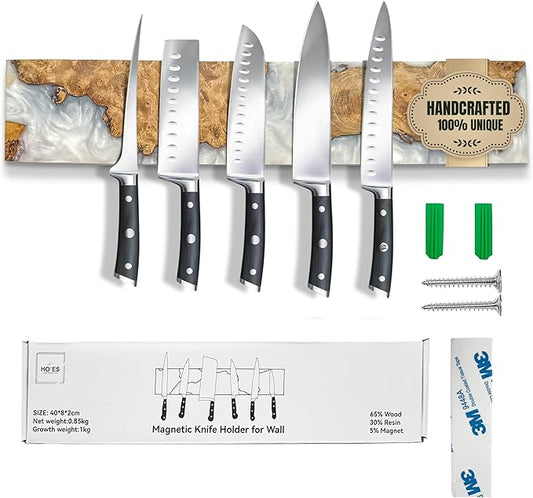 Premium wood and white resin epoxy magnetic knife strip wall-mounted kitchen knife holder handcrafted style
