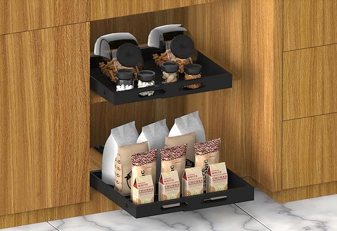 Expandable pull out cabinet organizer no drill adhesive drawer for kitchen pantry bathroom