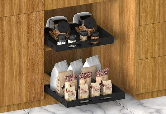 Expandable pull out cabinet organizer no drill adhesive drawer for kitchen pantry bathroom