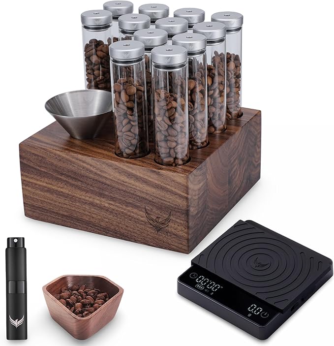 Coffee Station Set with 12 single-dose glass tubes, walnut dosing cup, spray bottle and digital espresso scale – white-label home coffee brewing system