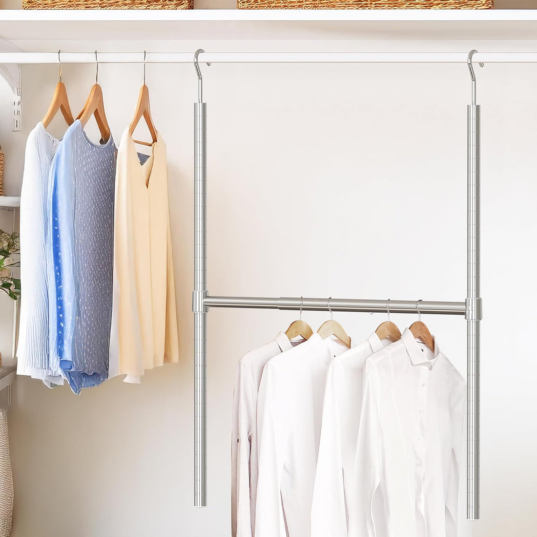 Adjustable closet doubler hanging rod tool-free double hang bar for small closets and apartments wardrobe organization