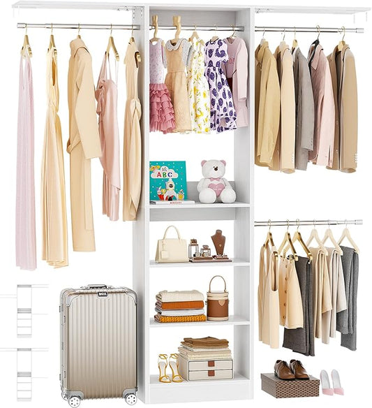 48-inch white closet organizer system with 4 hanging rods and 3 shelves for small bedroom wardrobe storage