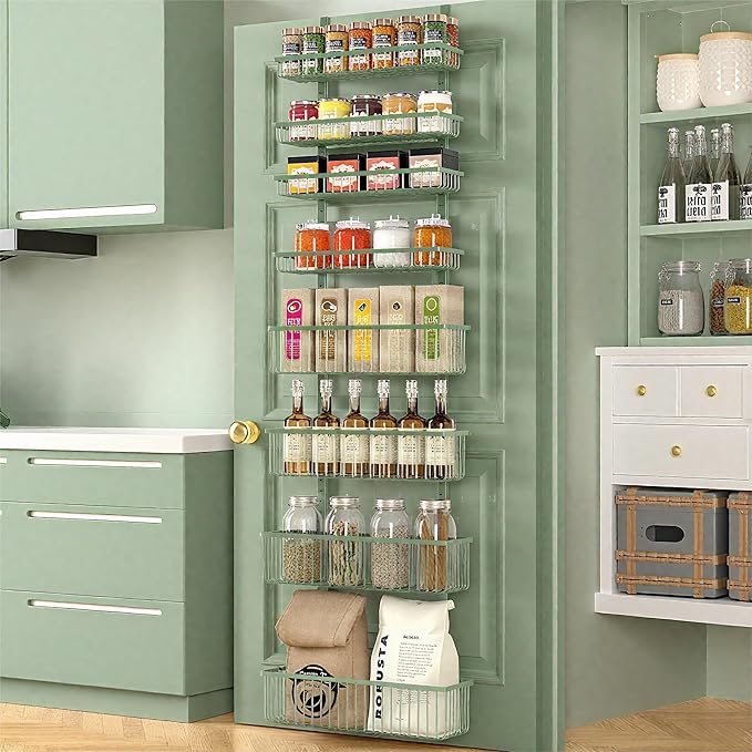 Sage green over-the-door pantry organizer multi-tier hanging basket for kitchen spice rack storage