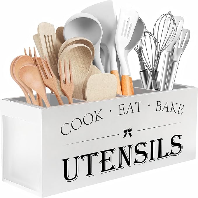 Extra large wooden kitchen utensil holder 4 compartments white farmhouse countertop organizer